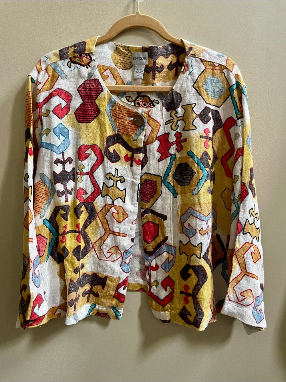 Chico’s Embroidered Linen Abstract Graphic Jacket Single Button Topper Size 3 XL